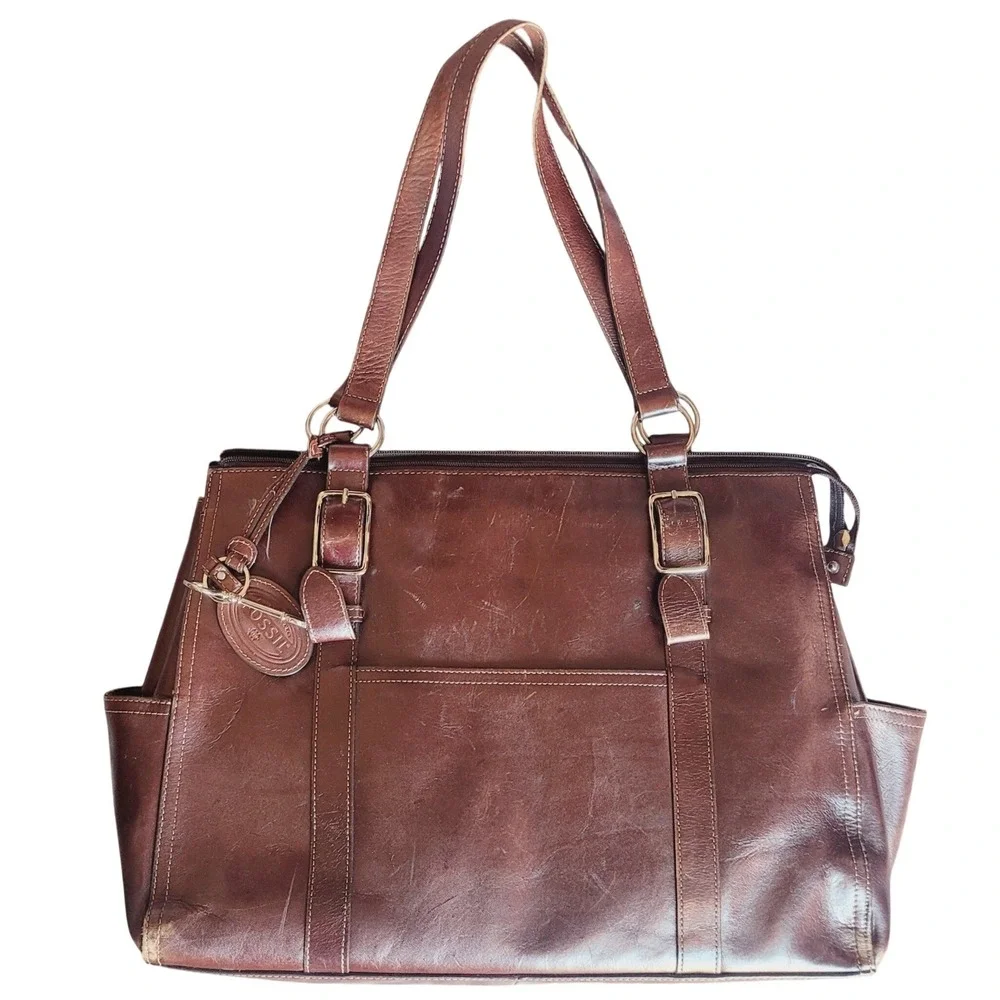 Fossil Long Live Vintage Brown Leather Tote Bag Satchel Key Charm Organize Large